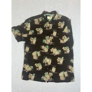 #A020 Tommy Bahama Mens Medium 100% Silk Camp Shirt Black Pineapple Palm Tree